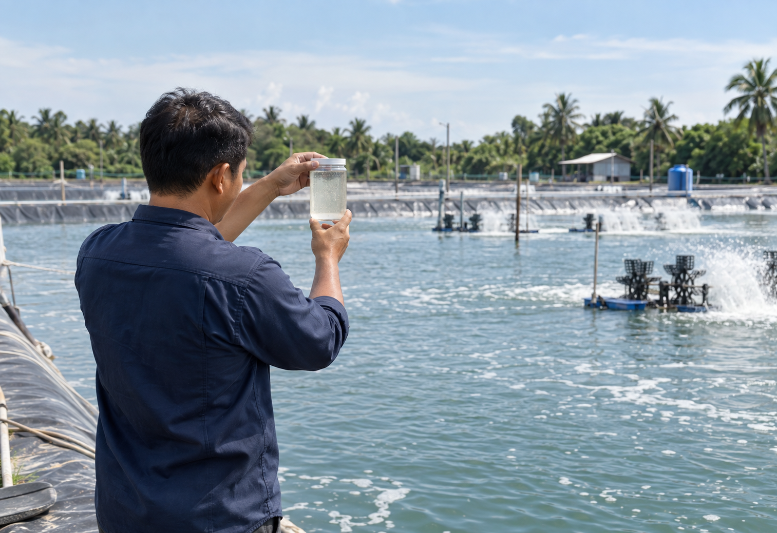 Aquaculture technician examining a pond water sample